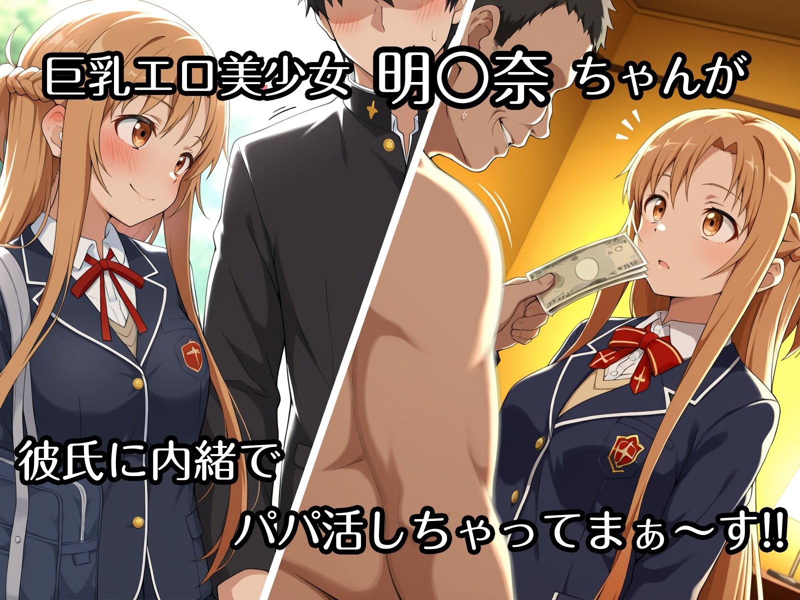 彼氏持ち巨乳エロ美少女がパパ活相手のおっさん達に寝取られ処女喪失＆危険日中出しで妊娠確定！他人チ○ポ狂いの下劣なヤリマンに堕ちるまで〜SAO 結城明○奈 編 - サンプル画像 1