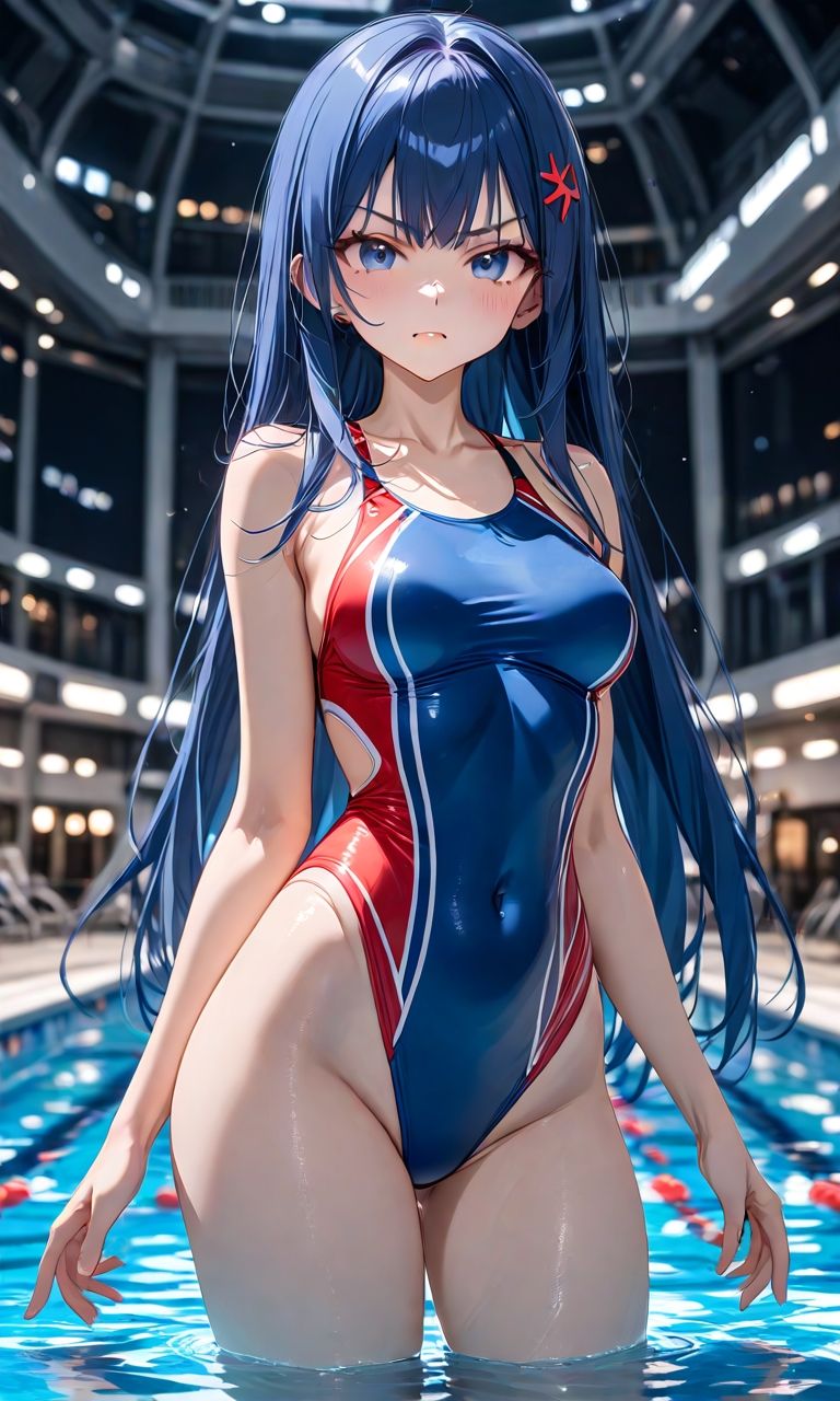 青髪不機嫌な美女ナイトプール - サンプル画像 1