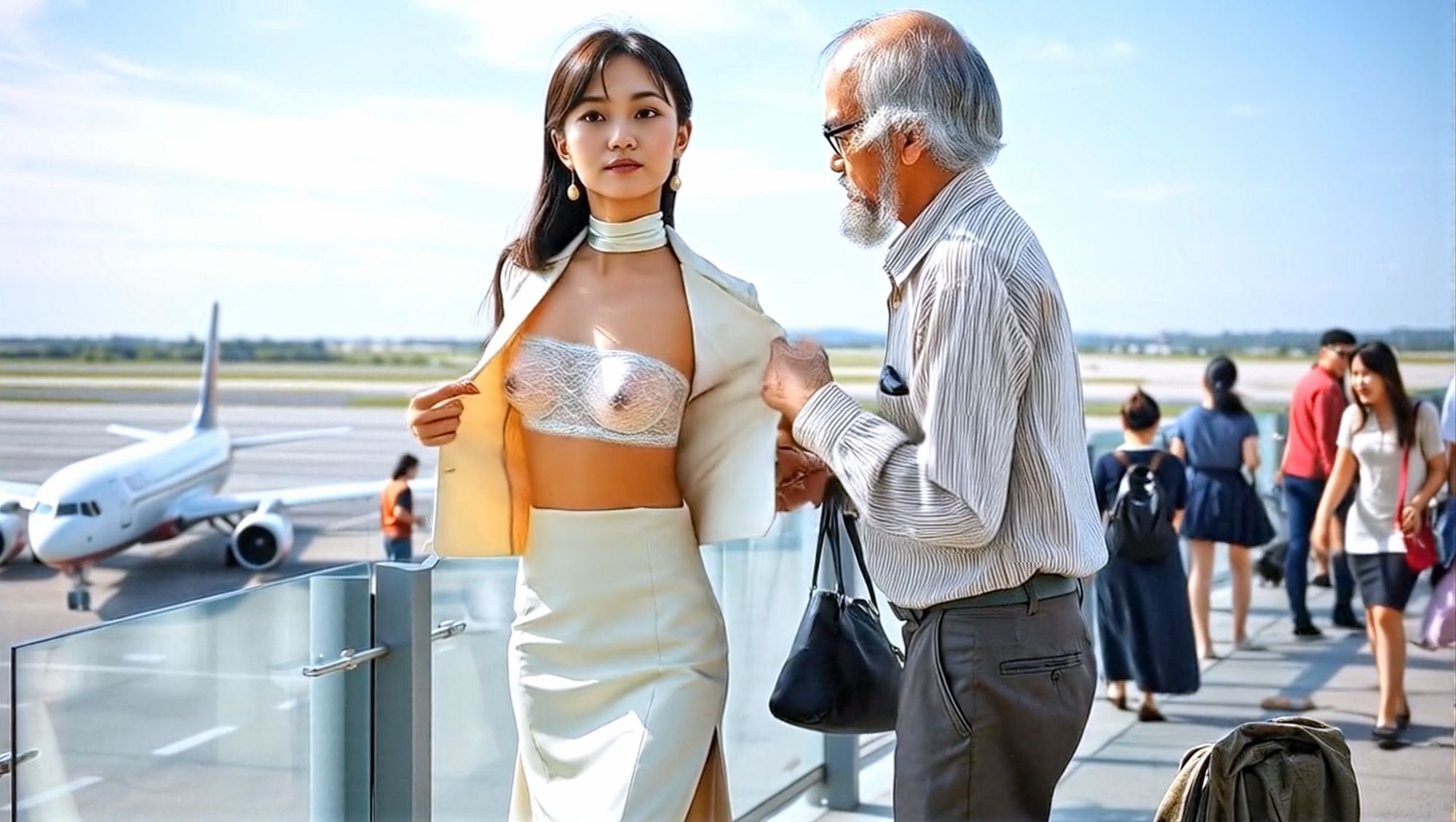 妄想27 CAが展望デッキで足上げ、脱がされ露出 AI生成動画 - サンプル画像 1