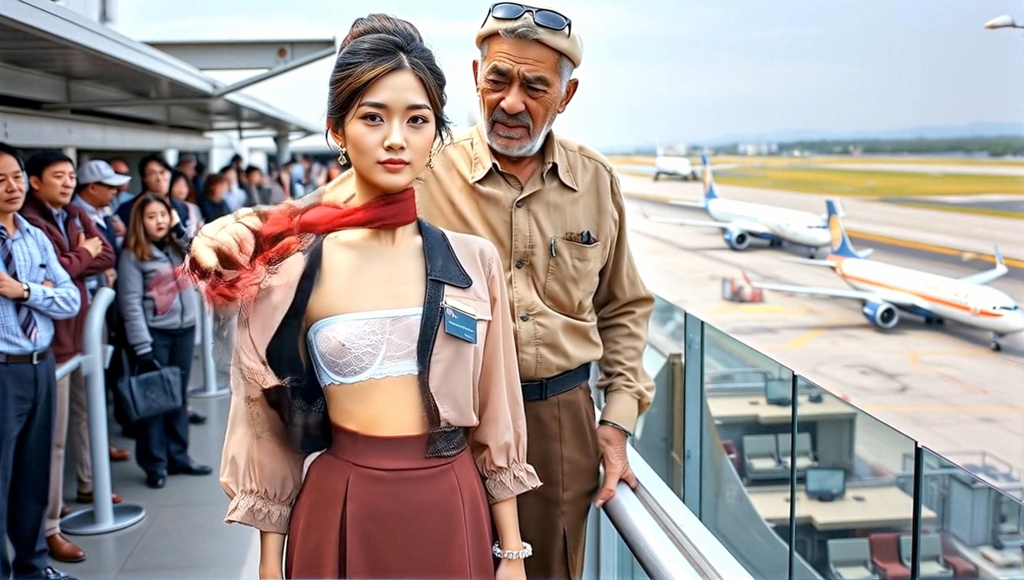 妄想27 CAが展望デッキで足上げ、脱がされ露出 AI生成動画 - サンプル画像 5