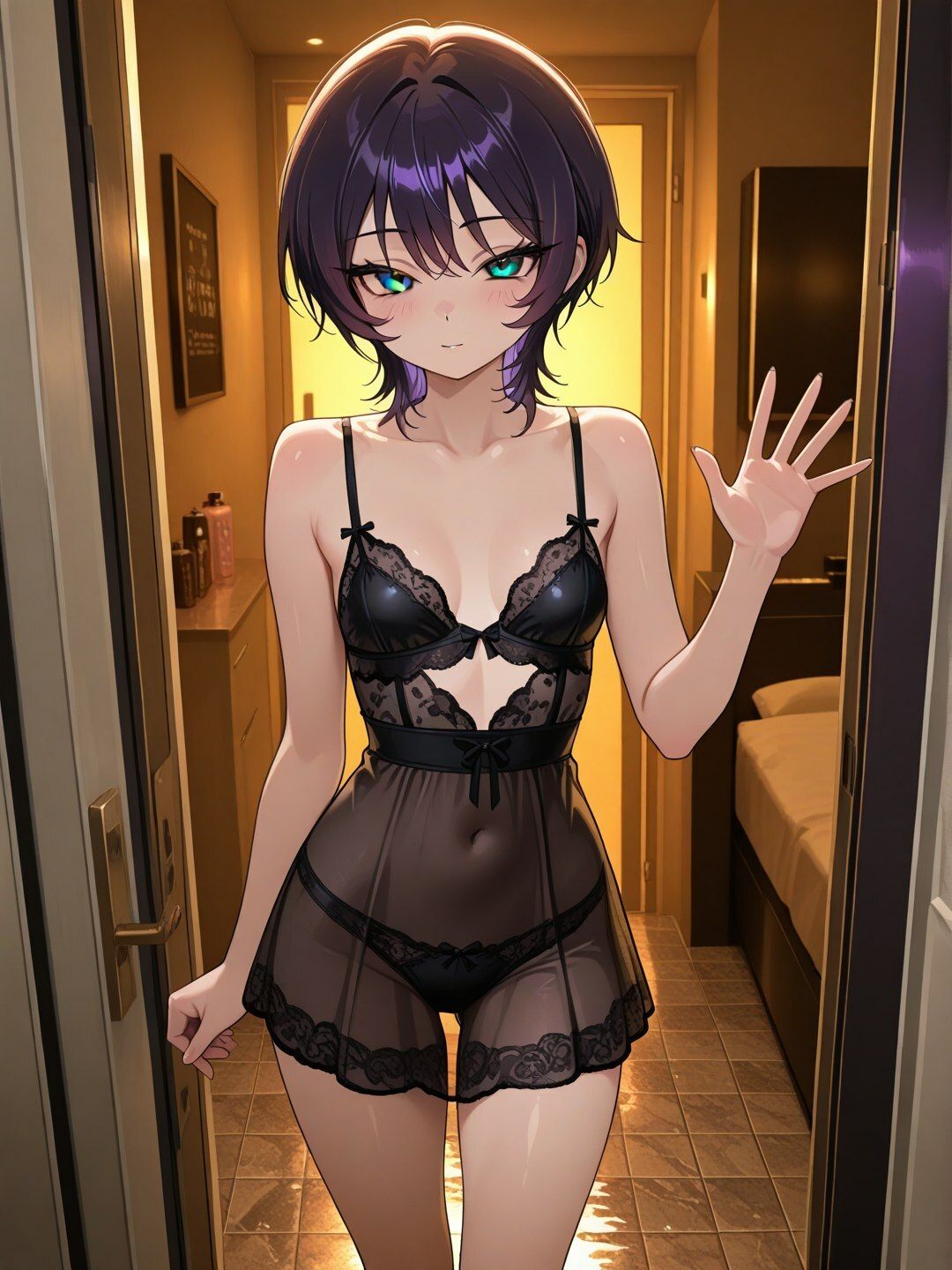 短髪紫髪の彼女と過ごす浴室サービス 〜ランジェリーから泡風呂、ベッドまで〜【R-18 AI CG集】 - サンプル画像 1