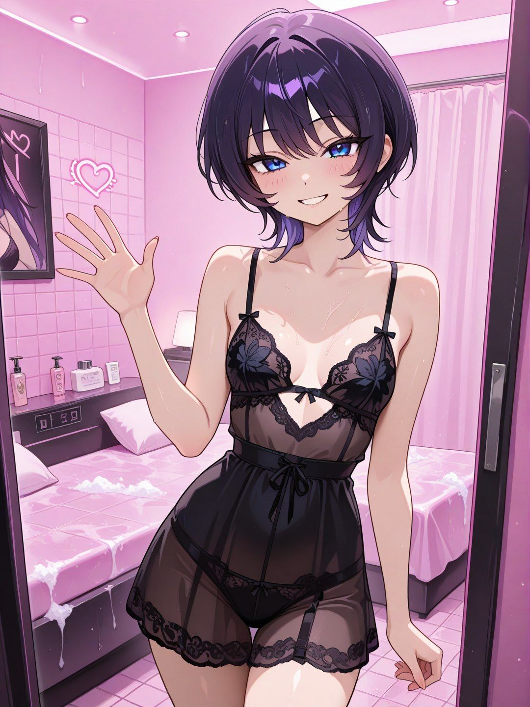 短髪紫髪の彼女と過ごす浴室サービス 〜ランジェリーから泡風呂、ベッドまで〜【R-18 AI CG集】 - サンプル画像 10