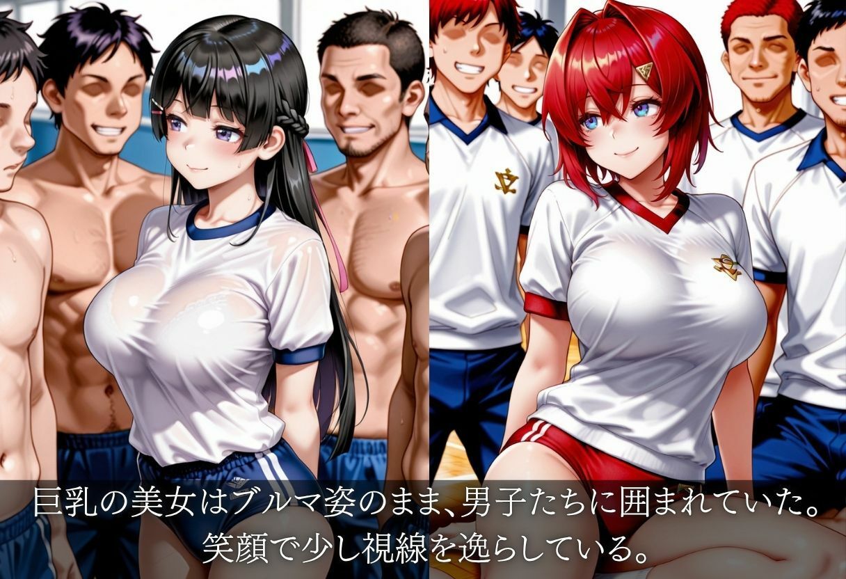 【巨乳ブルマ】体育館で汗だく巨乳女子が男子たちに囲まれてイキ狂う - サンプル画像 1