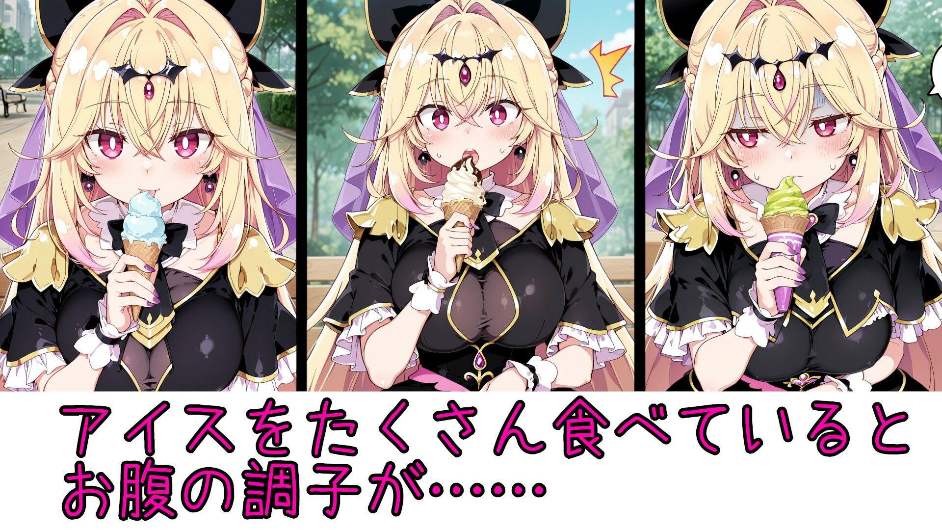 野外放尿！公園でアイスを食べすぎた森亜る〇か/アル〇ナ・シャドウちゃんが木の陰に隠れて…… - サンプル画像 1