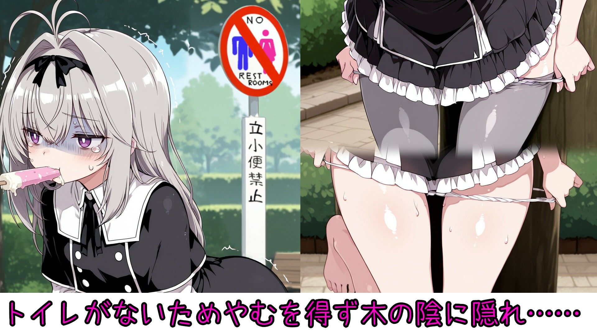 野外放尿！公園でアイスを食べすぎた森亜る〇か/アル〇ナ・シャドウちゃんが木の陰に隠れて…… - サンプル画像 2