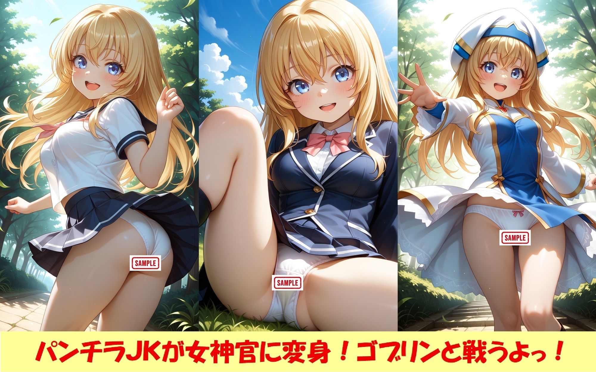 パンチラJKが女神官に変身してゴブリンに敗北！★中出しレ○プでいくぅ！ - サンプル画像 1