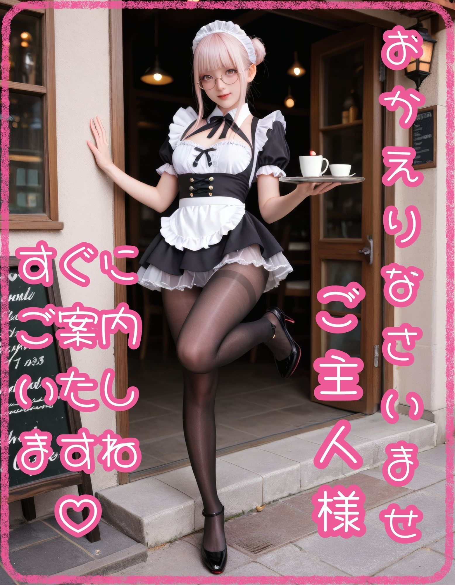 【眼鏡】黒スト×メイドのご奉仕（はーと）カフェ【ピンク髪】 - サンプル画像 1