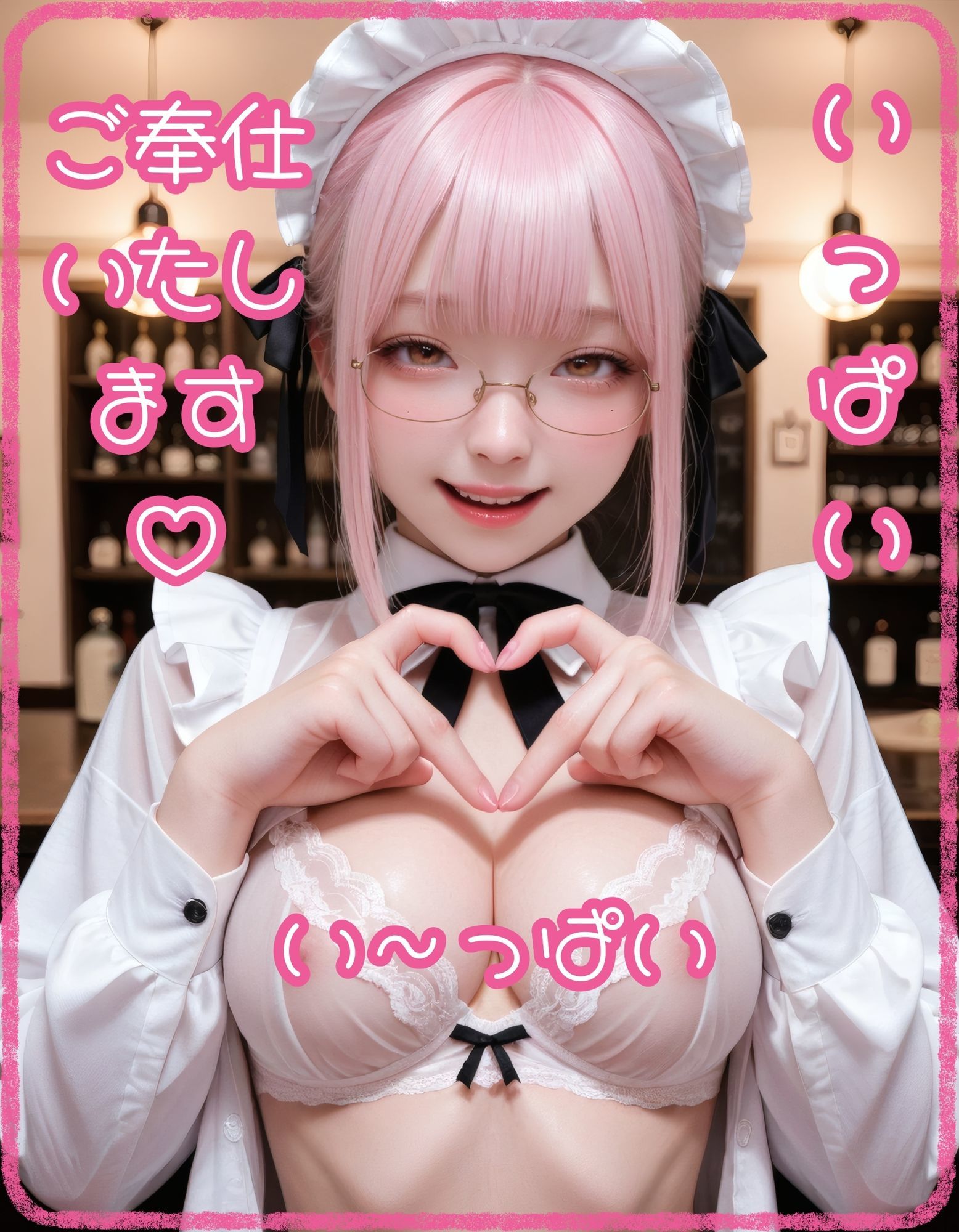 【眼鏡】黒スト×メイドのご奉仕（はーと）カフェ【ピンク髪】 - サンプル画像 3