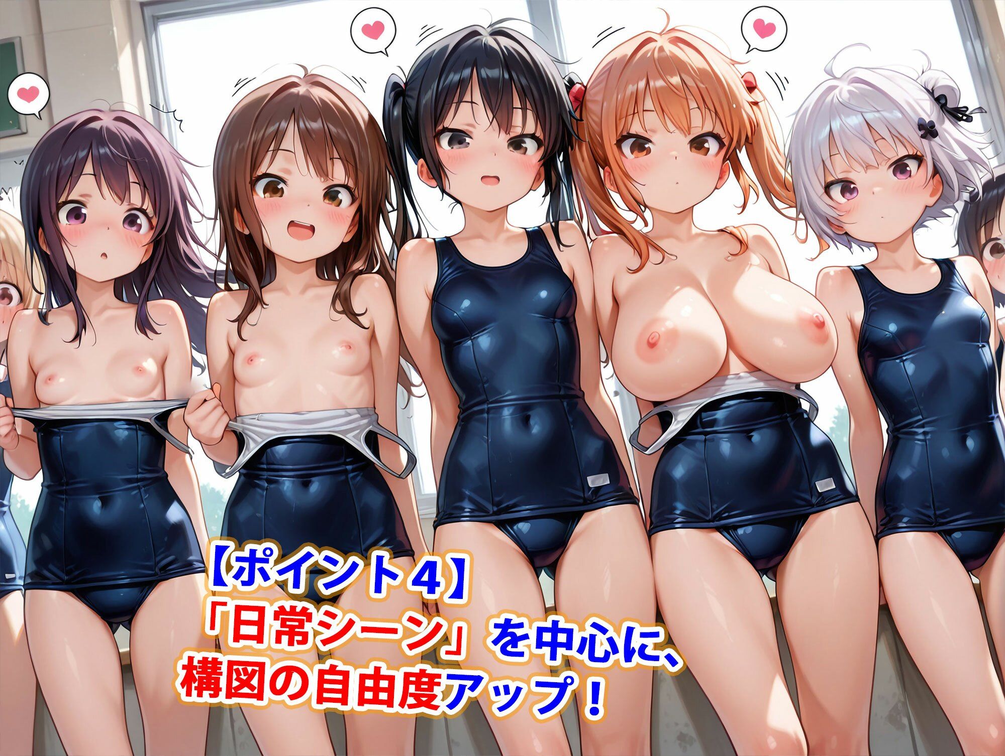 真巨乳ハーレム学園紺＆白スクール水着の水泳部 - サンプル画像 5