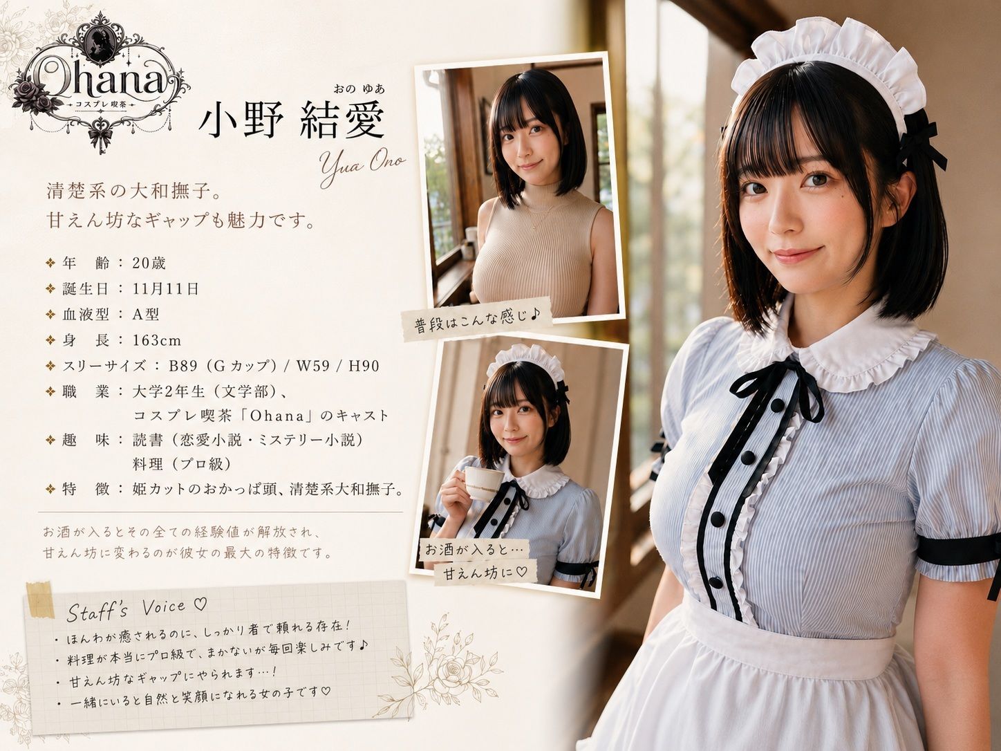 【AI生成】IMAGE VIDEO ＆ AI写真集 Vol.5 小野結愛 コスプレ喫茶Ohanaアルバイト/大学生（20） 「古びた喫茶店の、女神がおもてなし」 - サンプル画像 1