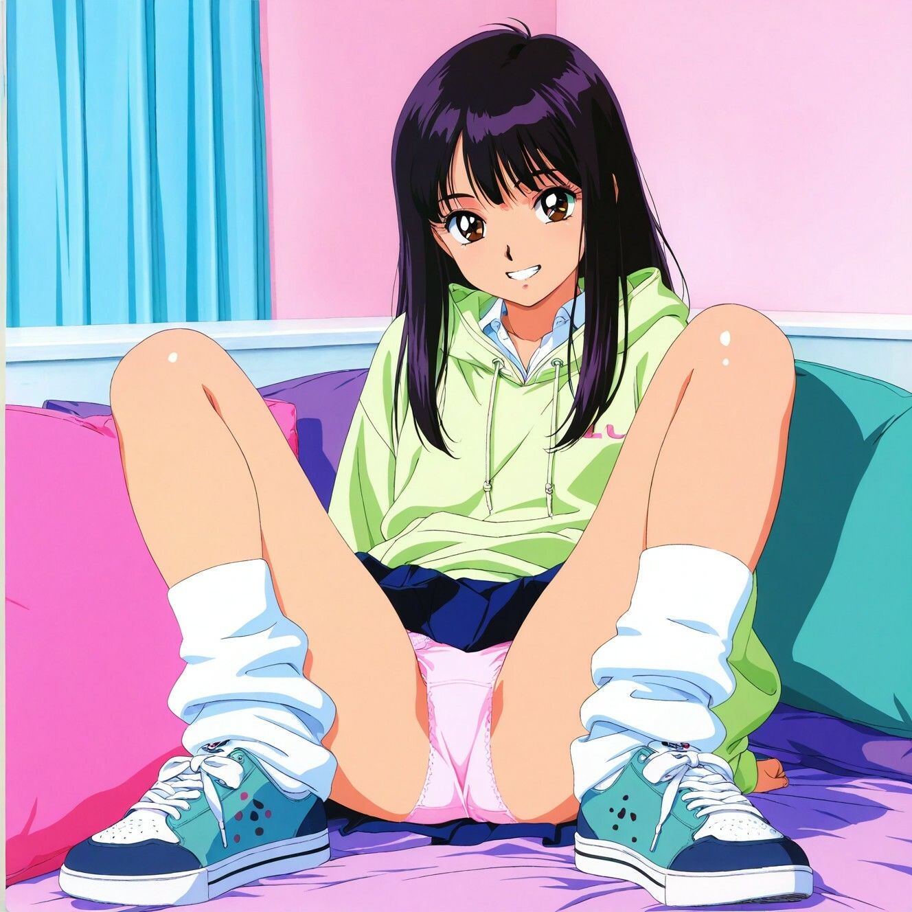 レトロアニメ風JKのM字＆四つん這いパンチラ - サンプル画像 1