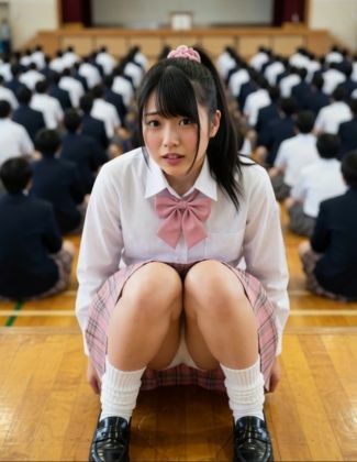 【AI動画】全校集会で我慢できずにおもらし - サンプル画像 1