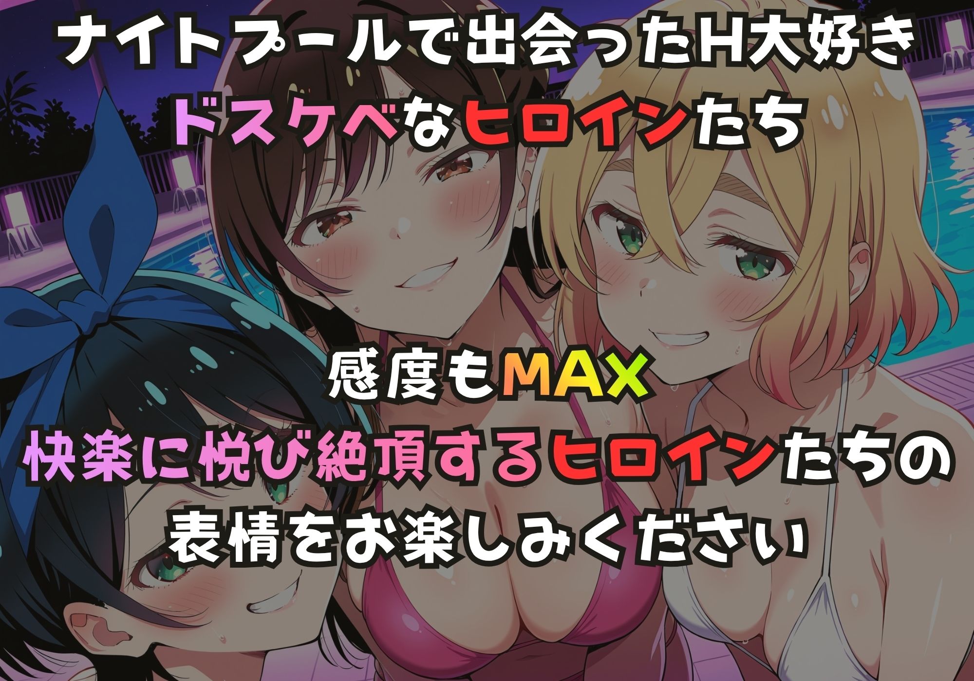 ナイトプールでガンギマるドスケベヒロイン 更科〇夏＆水原〇鶴＆七海〇美 - サンプル画像 1