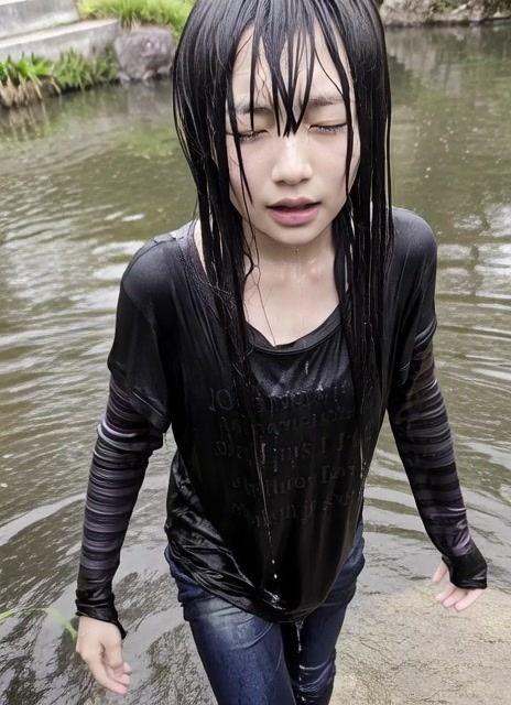 【AI動画259本】着衣ずぶ濡れ WET COLLECTION Vol.1｜池・川で全身びしょ濡れ - サンプル画像 1