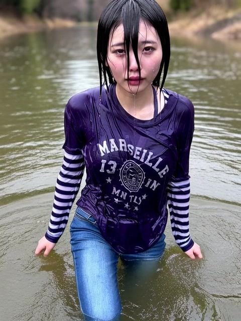 【AI動画259本】着衣ずぶ濡れ WET COLLECTION Vol.1｜池・川で全身びしょ濡れ - サンプル画像 5