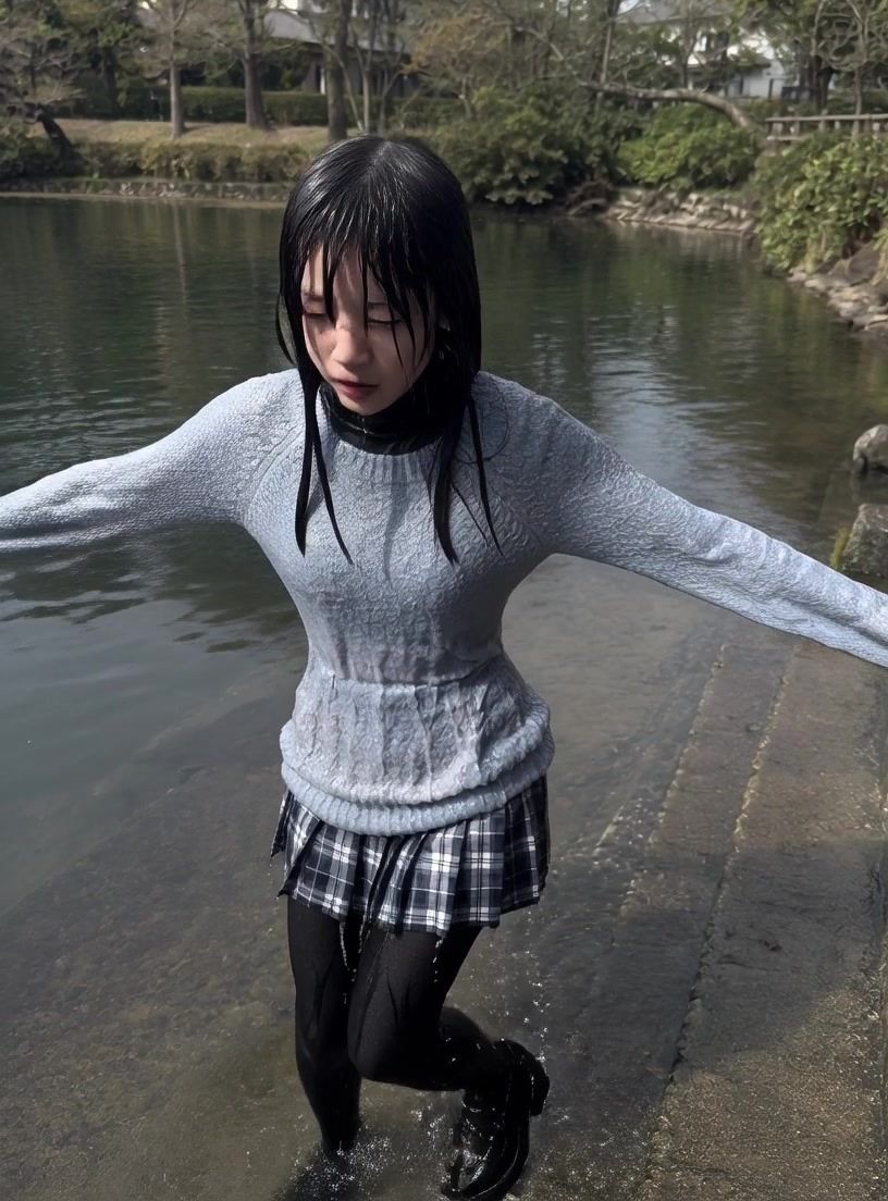 【AI動画259本】着衣ずぶ濡れ WET COLLECTION Vol.1｜池・川で全身びしょ濡れ - サンプル画像 6