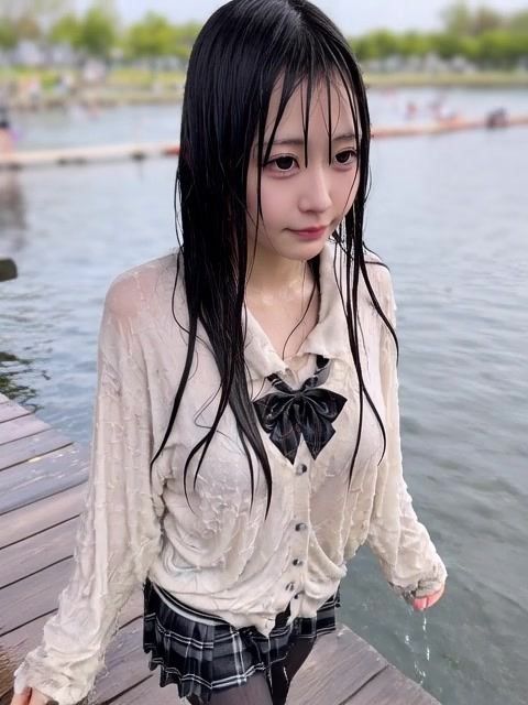 【AI動画259本】着衣ずぶ濡れ WET COLLECTION Vol.1｜池・川で全身びしょ濡れ - サンプル画像 8