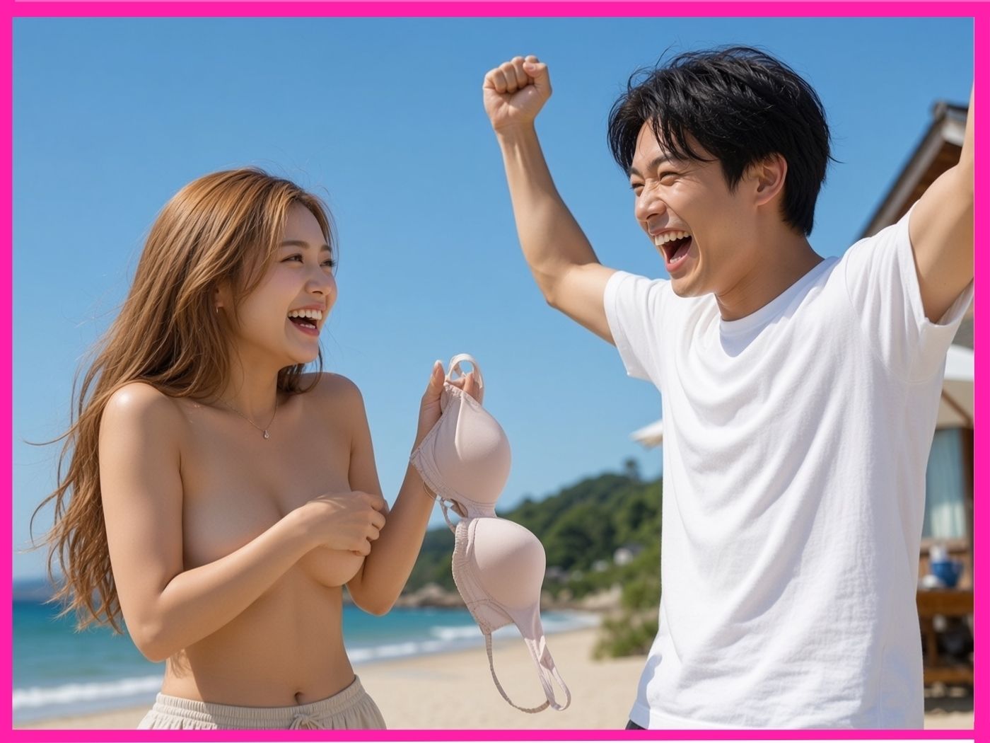 【縦長動画海の家ギャルインタビュー】じゃんけん負けたら即脱衣→1人エッチ強●公開！ - サンプル画像 1