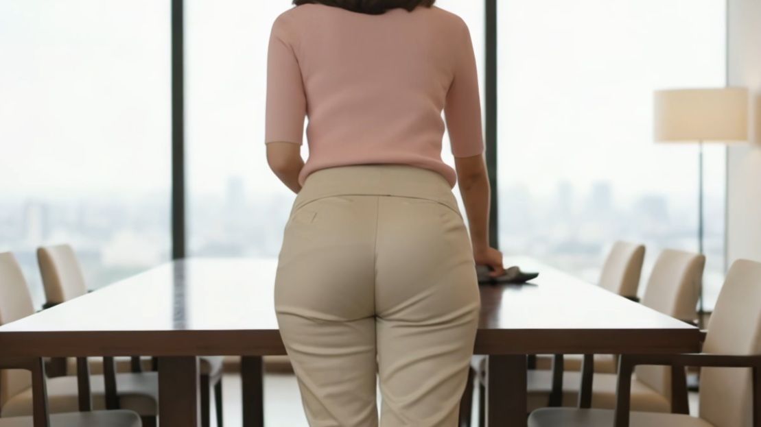 お掃除・テーブル拭きに勤しむ美女の後ろ姿〜スラックス越しに魅せる美尻ライン〜 - サンプル画像 1