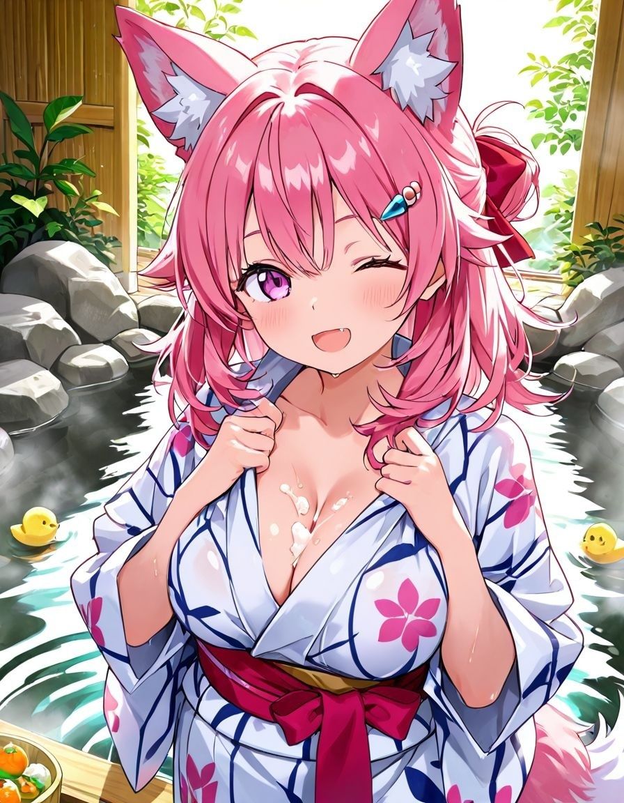 ケモミミ美少女達のえっちな発情期  混浴浴衣編 - サンプル画像 1