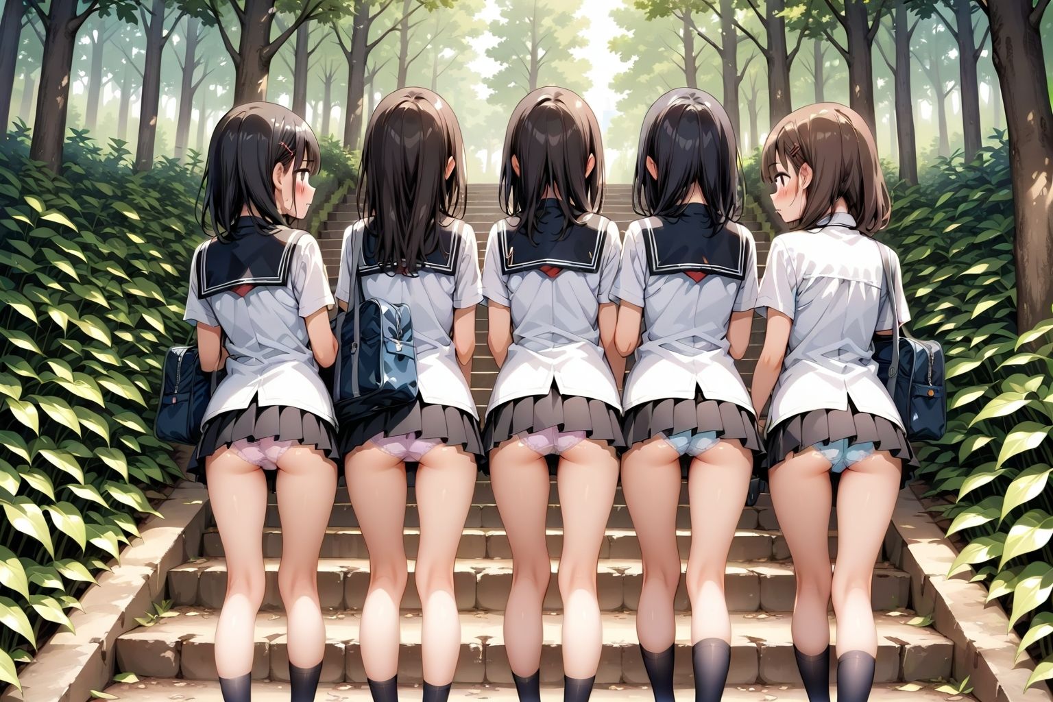 【59枚】女の子たちのミニスカ制服やパンティーやお尻をお好きなだけ観察できます♪今日は妄想の世界にあるエッチな街での学園見学日です♪街のいろいろな学園の校舎前にあるお庭の階段で、制服ミニスカート、オシリにくい込むパンツのパンチラをいっぱいごらんくださいね♪ - サンプル画像 2