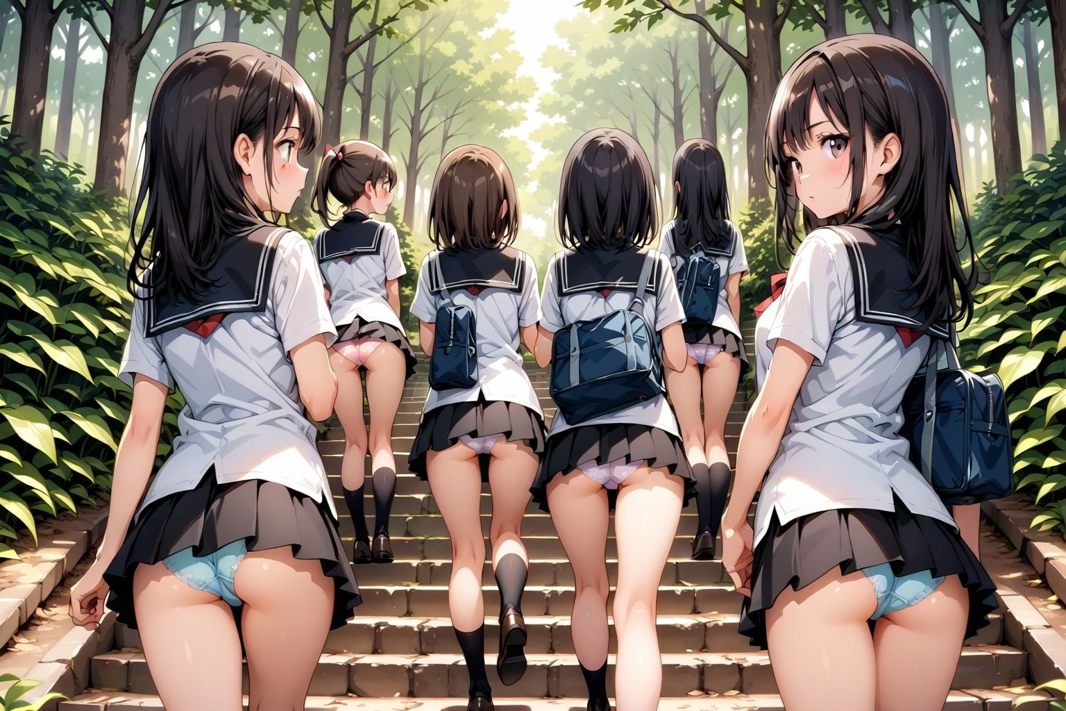 【59枚】女の子たちのミニスカ制服やパンティーやお尻をお好きなだけ観察できます♪今日は妄想の世界にあるエッチな街での学園見学日です♪街のいろいろな学園の校舎前にあるお庭の階段で、制服ミニスカート、オシリにくい込むパンツのパンチラをいっぱいごらんくださいね♪ - サンプル画像 7