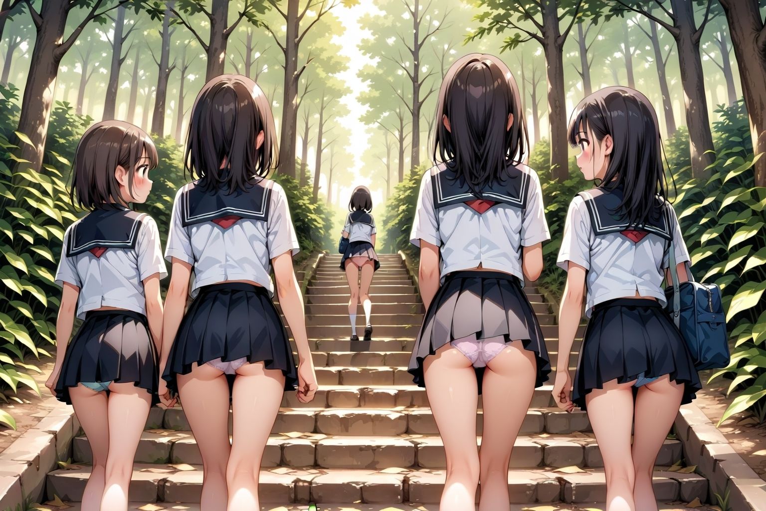 【59枚】女の子たちのミニスカ制服やパンティーやお尻をお好きなだけ観察できます♪今日は妄想の世界にあるエッチな街での学園見学日です♪街のいろいろな学園の校舎前にあるお庭の階段で、制服ミニスカート、オシリにくい込むパンツのパンチラをいっぱいごらんくださいね♪ - サンプル画像 10