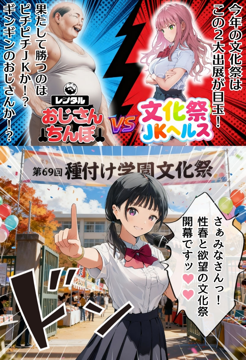 【大乱交】文化祭JKヘルス VS レンタルおじさんちんぽ - サンプル画像 1