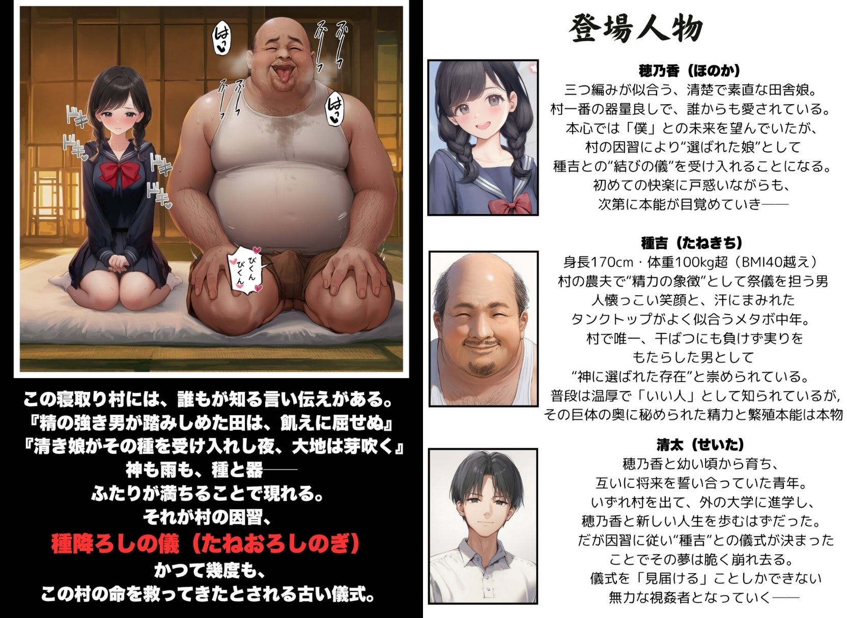 【因習村】村の飢饉を救うため差し出された僕の彼女、BMI40越えの性欲だけはいっちょ前の種付けおじさんに媚薬を飲まされ、おじさん特有のねちっこい前戯で全身べちょべちょに舐められた挙げ句、聖なる肉棒（チンカス付き）の掃除を実施！その後は遂に処女おまんこにゴールイン！入念かつ丹念にがん突きにされ、イキまくりんぐ！一晩中汗だくで連続絶頂アクメを決めさせられた話 - サンプル画像 1