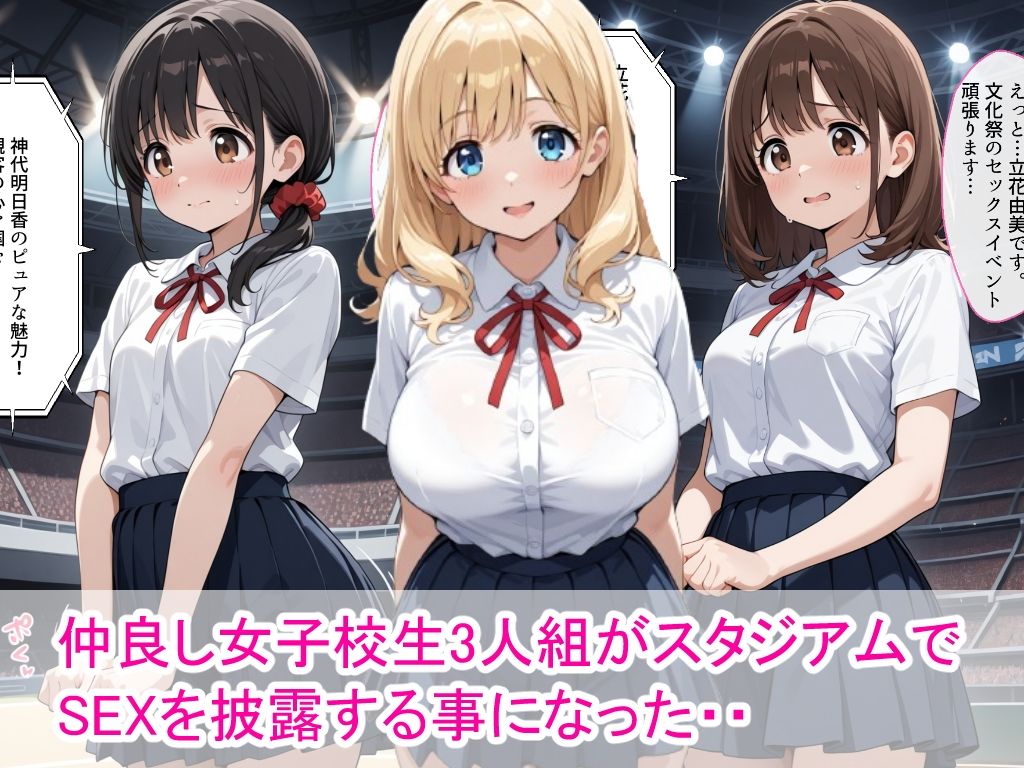 女子校生3人組が文化祭のスタジアムSEXイベントで中出しを披露した話 - サンプル画像 1