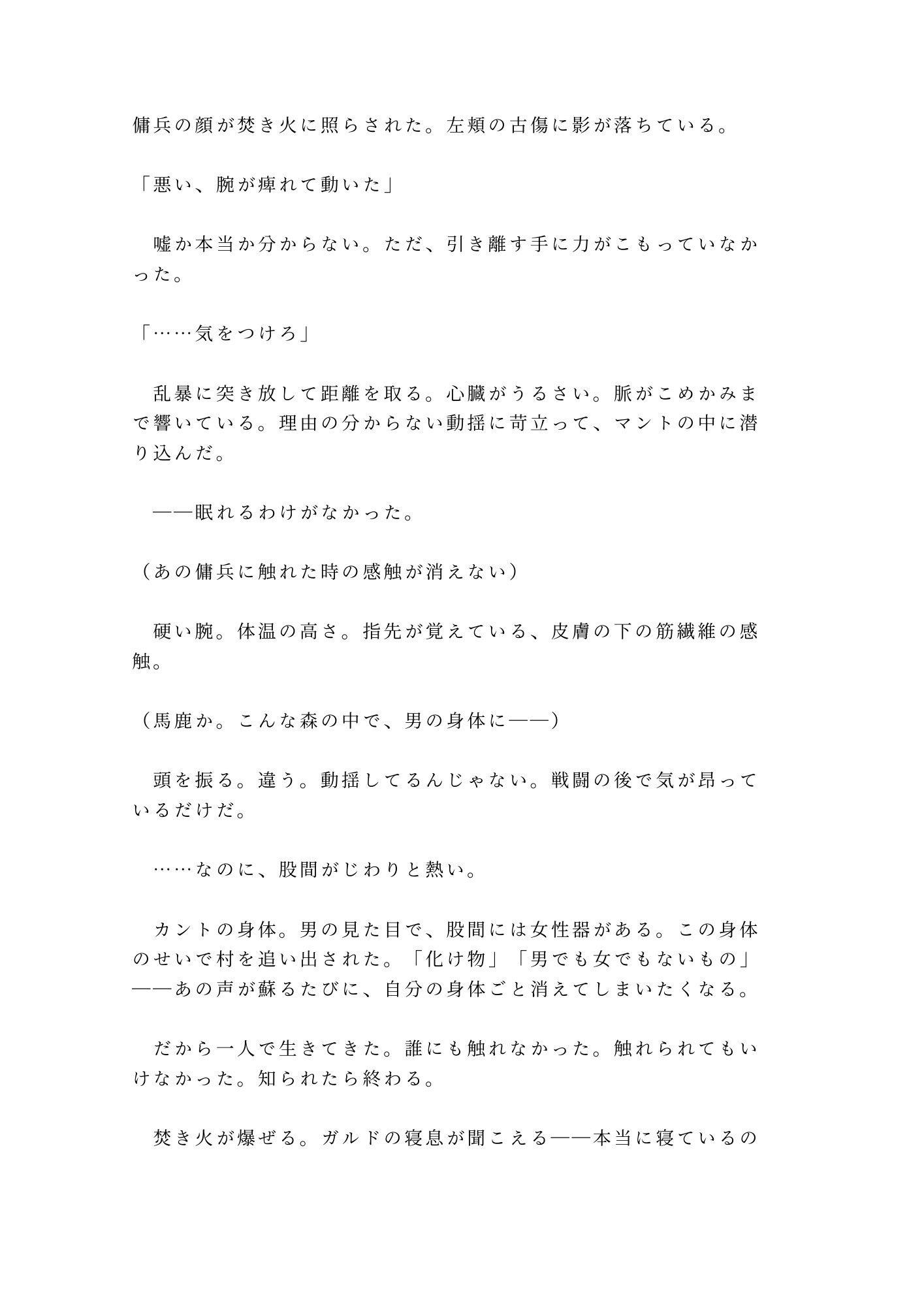 呪われた森の奥で魔物に囲まれたカントを助けた傭兵が「報酬は金じゃなくていい」と焚き火の明かりだけの野営地で対価を求める話 - サンプル画像 4