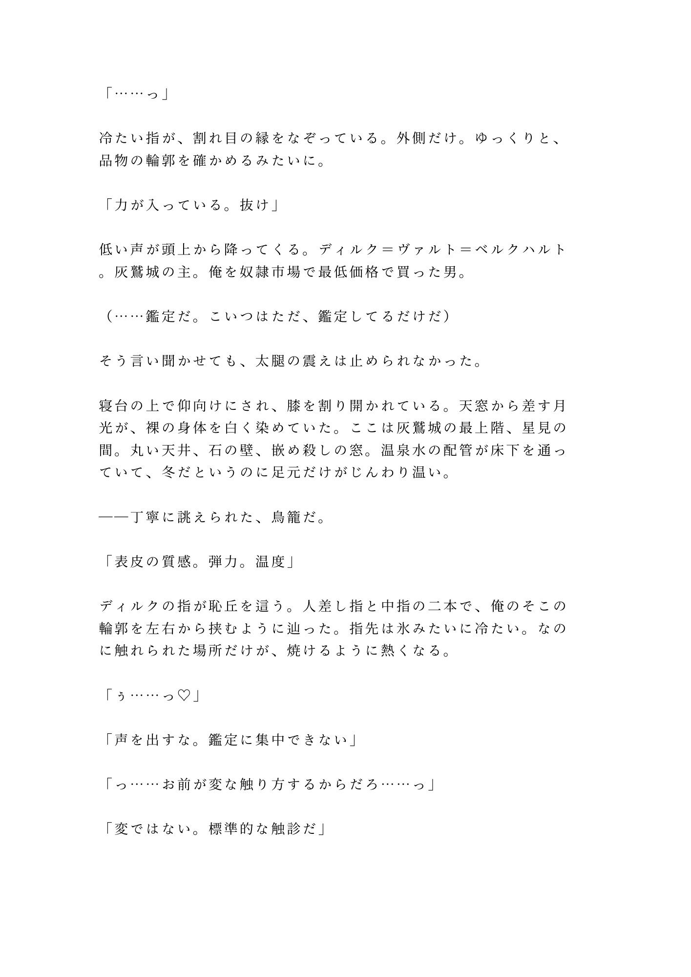 奴●市場で売れ残ったカントを買い取った辺境伯が「この身体の価値が分かるのは俺だけだ」と城の最上階に囲い込む話 - サンプル画像 2