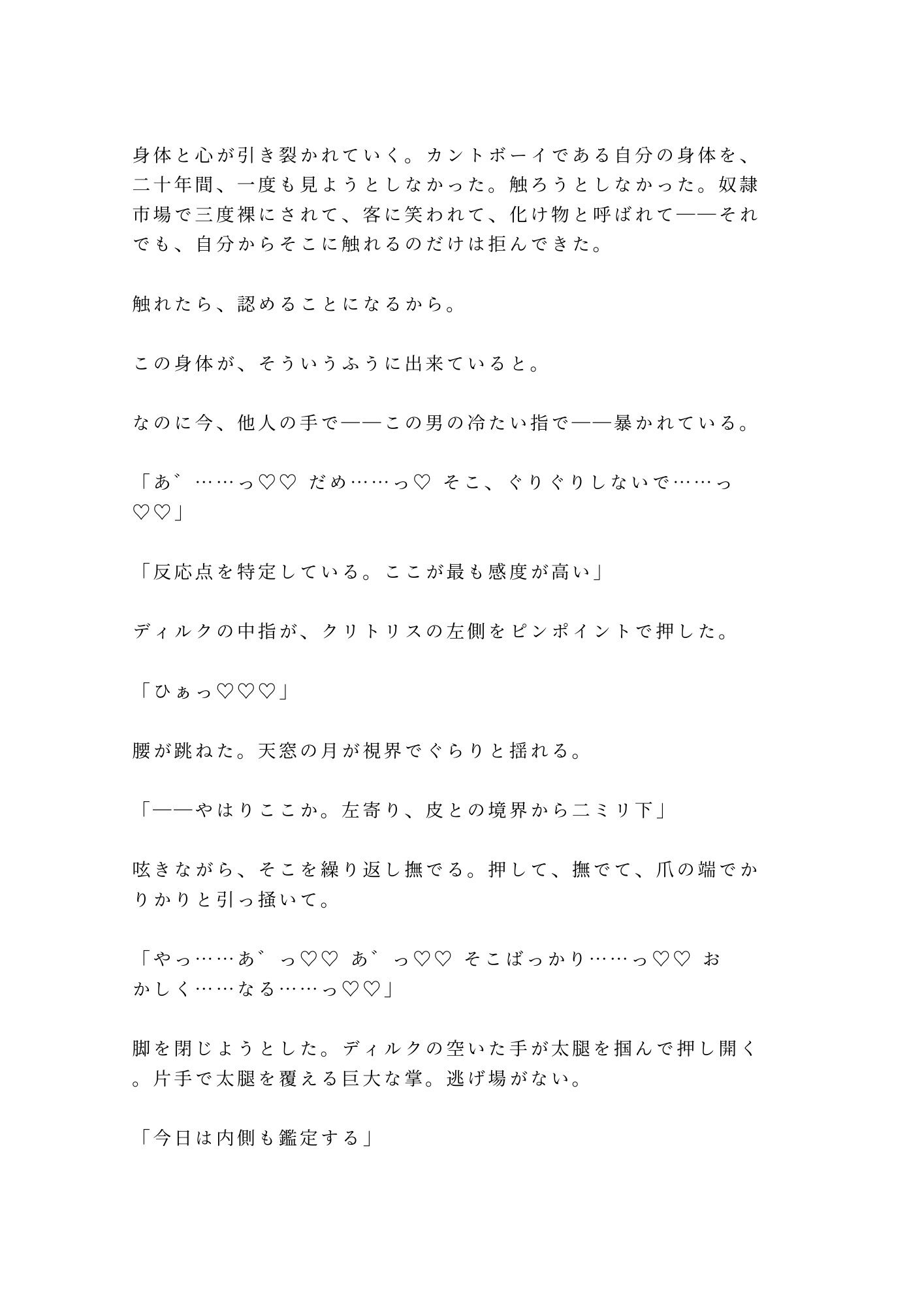 奴●市場で売れ残ったカントを買い取った辺境伯が「この身体の価値が分かるのは俺だけだ」と城の最上階に囲い込む話 - サンプル画像 5