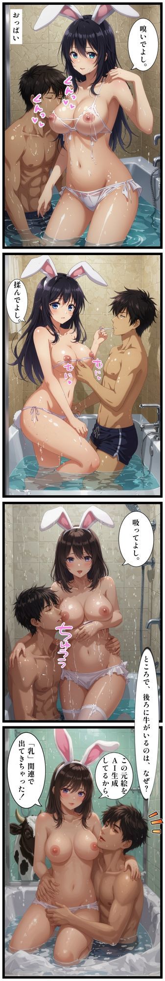 【漫画10ページ】ソープランドで働くバニーガール！バニーガールさんたちが、おっぱい、お尻、太もも、脚、お口で、お客様たちをキレイにします！AIイラストを生成後に、イラストに手を加えて、テキストを追加しました！ - サンプル画像 5