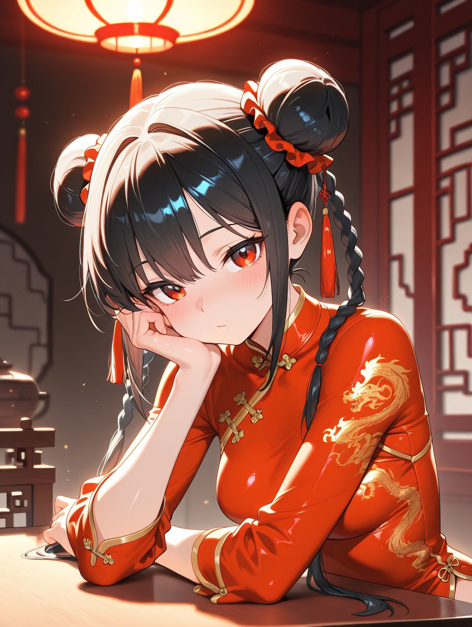 赤いチャイナ服を着た女の子と・・・ - サンプル画像 2