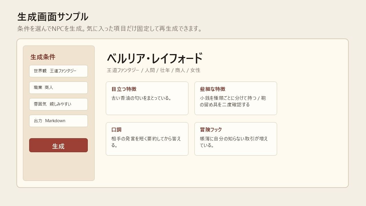 幻想NPC工房 Pro ファンタジーTRPG用NPCランダム生成ツール - サンプル画像 1