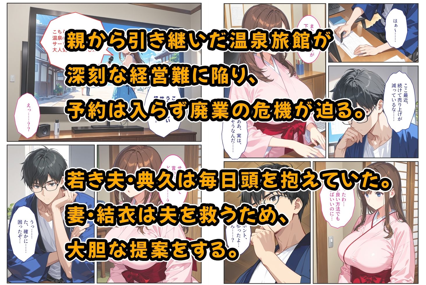 経営難の温泉旅館を守るため…爆乳人妻女将が客たちに種付けられて妊娠メス堕ち！ - サンプル画像 1