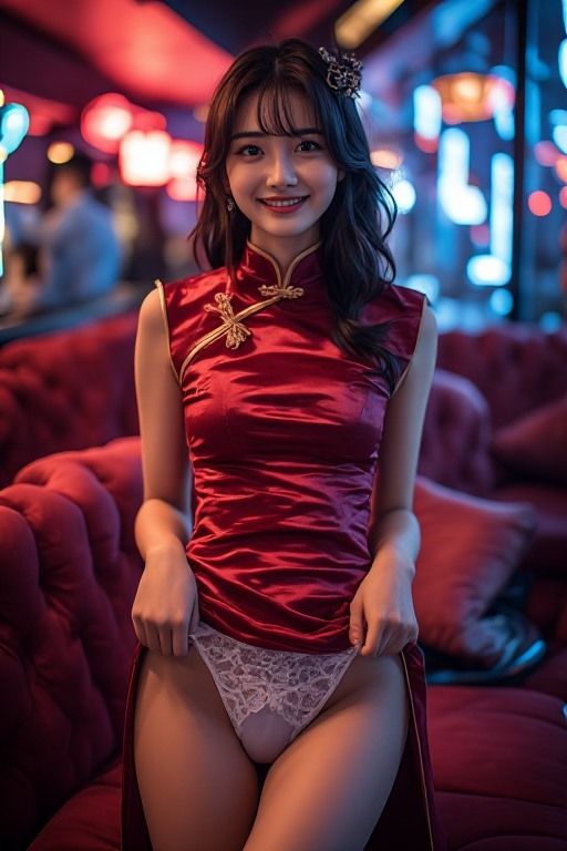 チャイナドレスパンチラで客を誘うキャバ嬢と妄想したヘアヌードを再現したAI生成画像集 - サンプル画像 2
