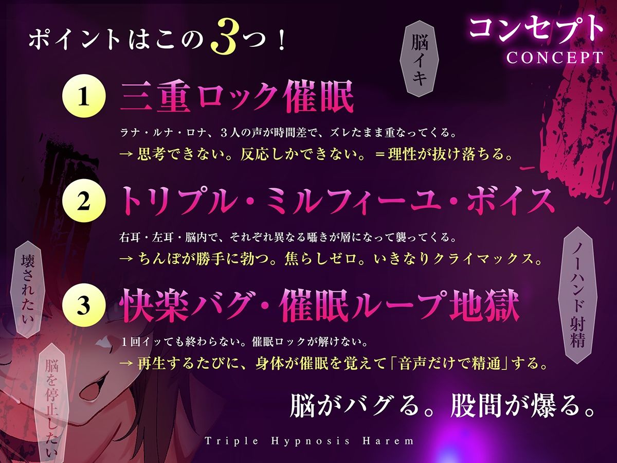 【3重脳イキ】トリプル催●ハーレム〜囁きに支配され腰の奥が痙攣する「絶対快楽」三重奏〜 - サンプル画像 3