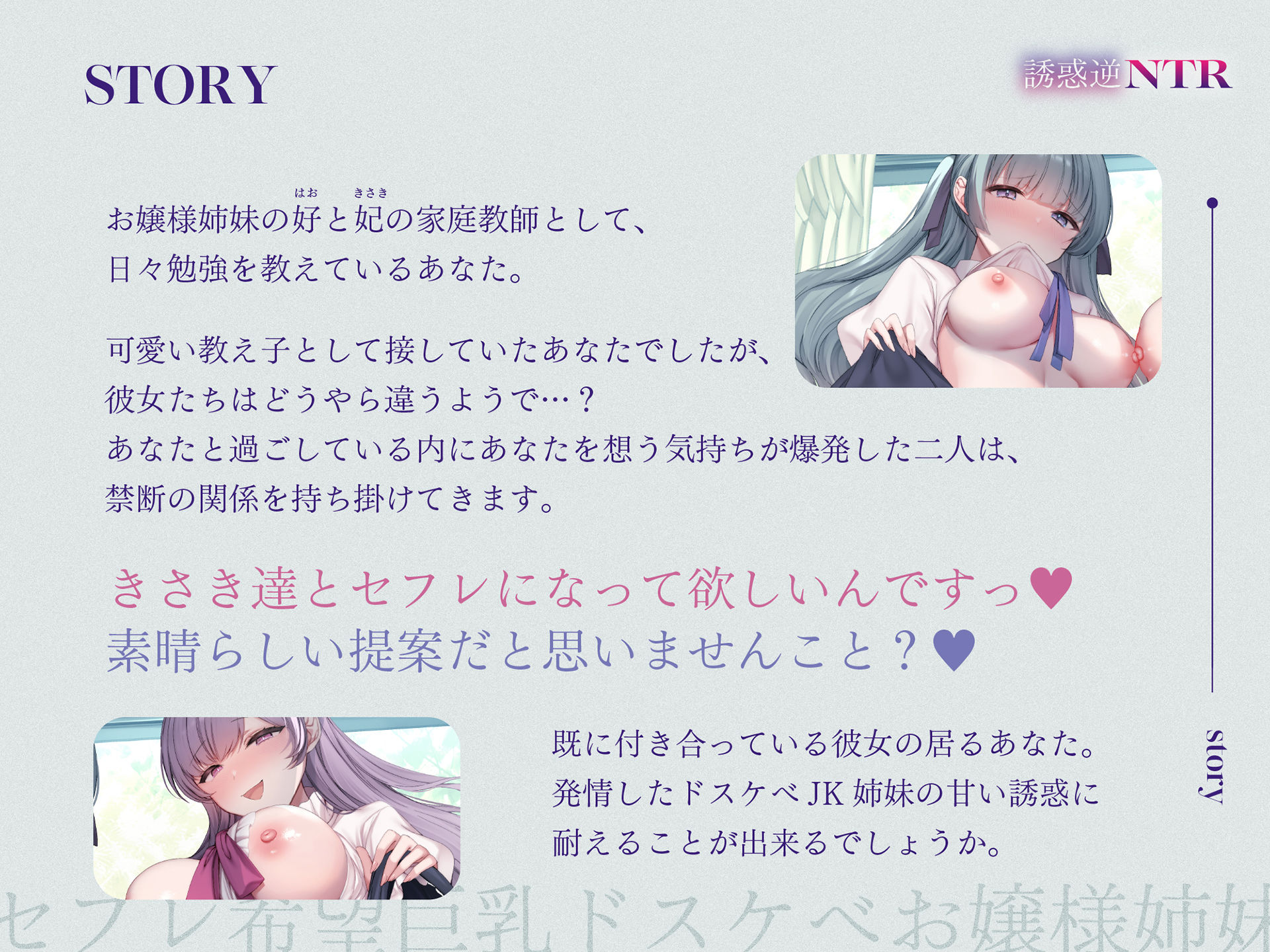 【処女作記念110円/ハート目発情差分付き】セフレ希望巨乳ドスケベお嬢様姉妹のねっとりじわじわ誘惑逆NTR 〜彼女を裏切り年頃メスオナホ×2と背徳孕ませ交尾〜 - サンプル画像 3