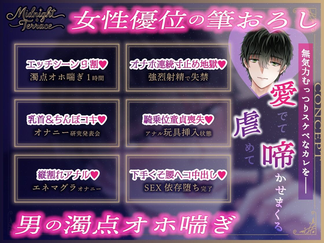 【女性優位×濁点喘ぎ1時間】むっつりスケベな無気力メンズコンカフェ店員を筆おろし！「腰へこ止められなぐで、ごめんなざい…」/ミッドナイト・テラス Vol.03 三月 - サンプル画像 1