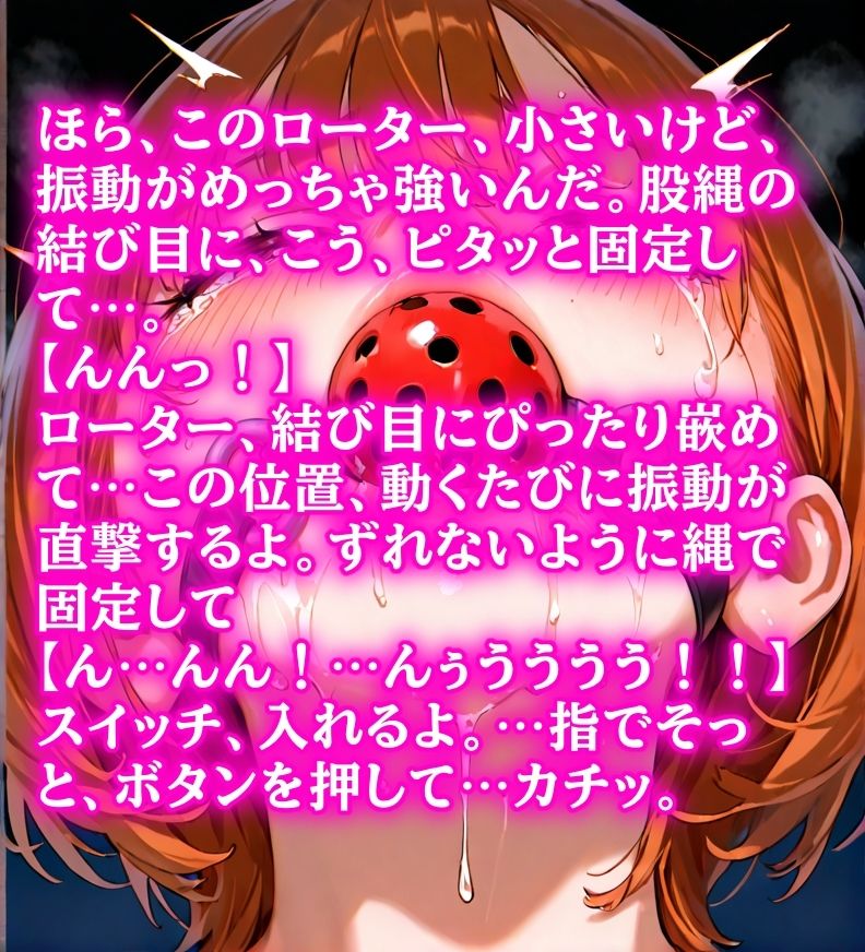 女友達のイタズラ緊縛ゲーム 〜縄と手錠でぎちぎち拘束、涎まみれボールギャグで塞がれた口、股縄ローターで何度も絶頂させられ、目隠し放置される - サンプル画像 1