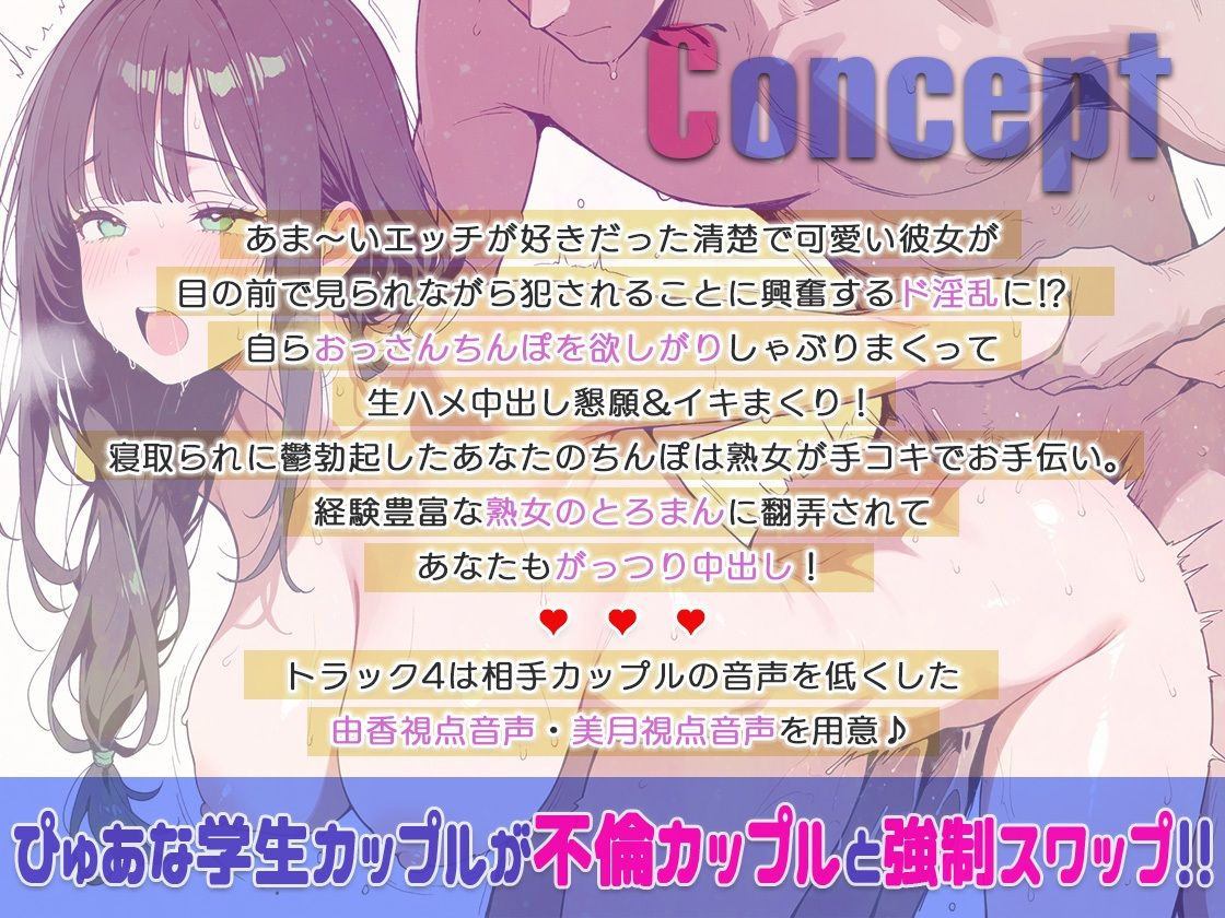 【不倫カップルとスワップ】バイト先店長に目前犯●れ絶頂する彼女見ながら鬱勃起ちんぽ熟女のトロまんに生ハメ中出し！【KU-100】 - サンプル画像 1