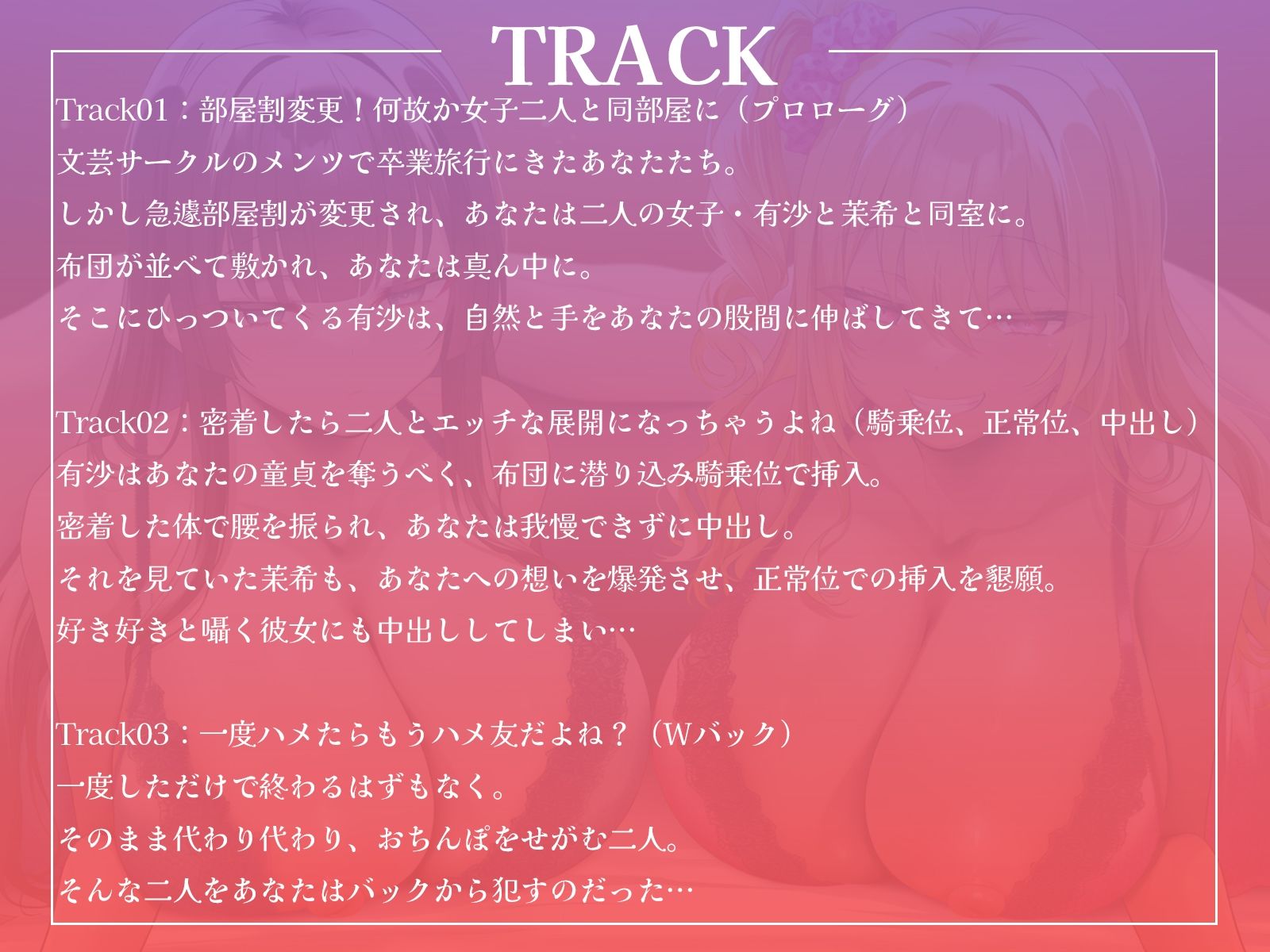 卒業旅行で部屋割急遽変更！？陽キャ女子二人に挟まれて陰キャなあなたの童貞が危ない！〜憧れの先輩ギャルと清楚系JDに逆レ●プされるハーレム旅行〜【KU100収録】 - サンプル画像 4
