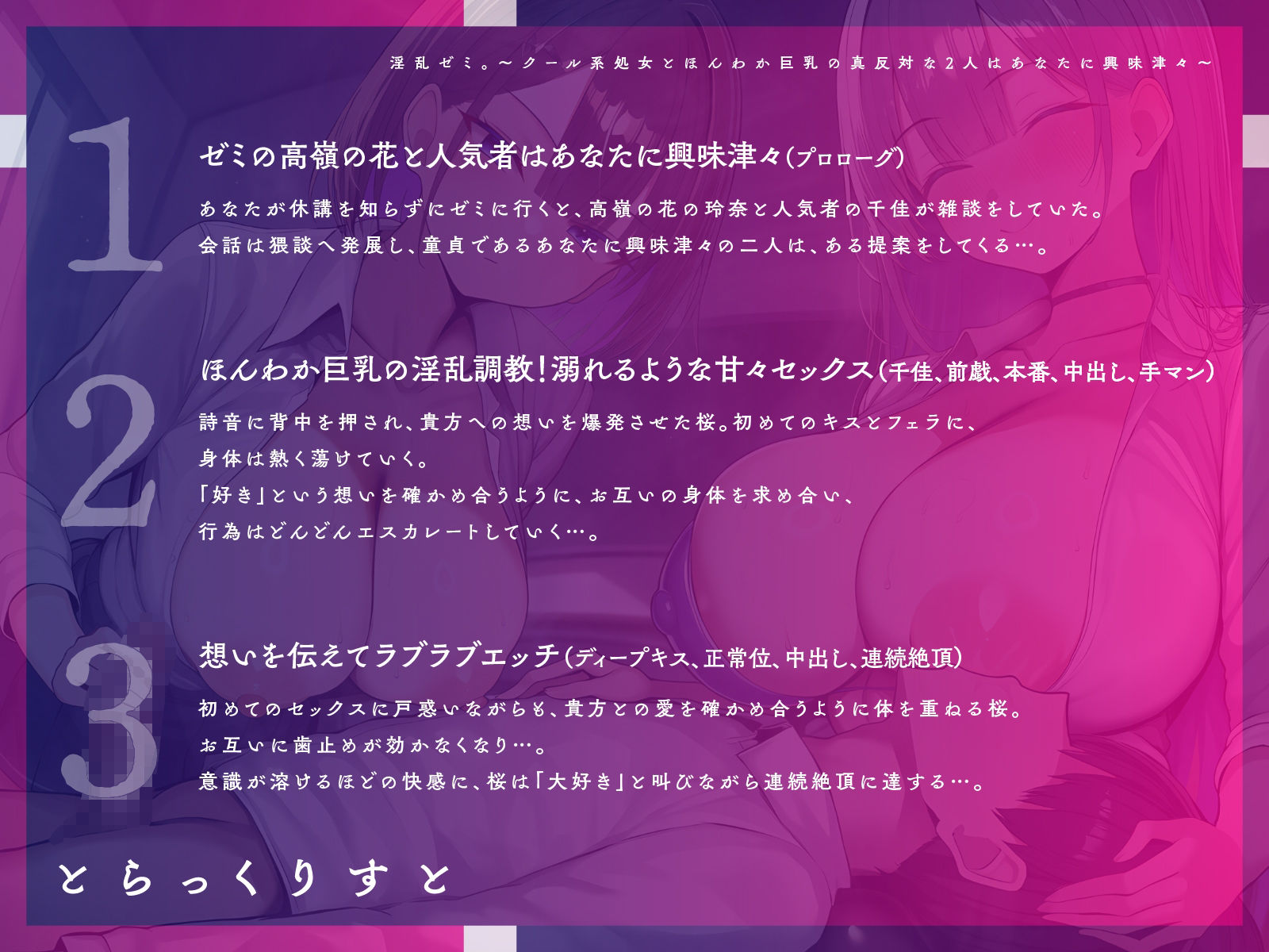 淫乱ゼミ。〜クール系処女とほんわか巨乳の真反対な2人はあなたに興味津々〜【KU100】 - サンプル画像 4