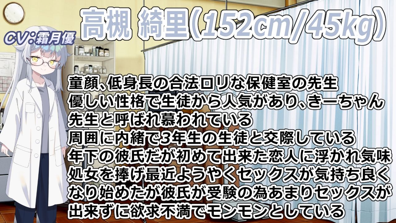 （CV:霜月優）生徒と内緒で付き合っている養護教諭は保健室で彼氏とイチャついてるところを見た教頭先生に寝取られる - サンプル画像 2