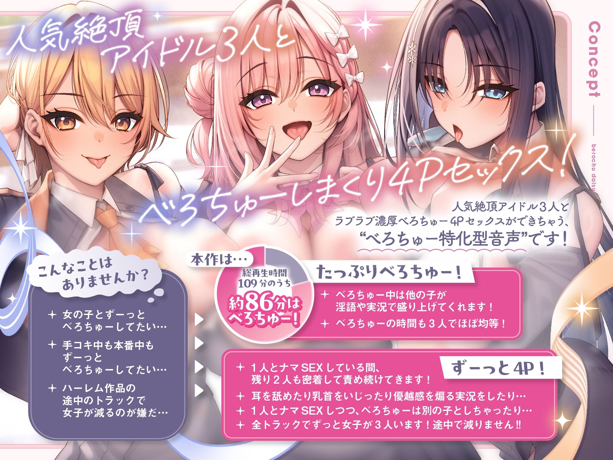 べろちゅー大好きアイドル3人と優越感MAXハーレム4P-かわるがわる濃厚ラブラブべろちゅー＆優越感ムクムク実況＆好きな子を選んで密着4PべろちゅーナマSEX-【キス特化】 - サンプル画像 1