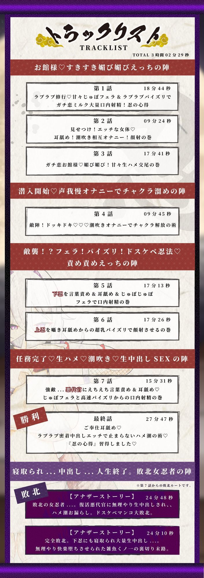 【KU100】【3時間OVER】【NTR×ハメ潮×孕ませ】〜爆乳くノ一ガチ恋の巻〜「くノ一 VS 下忍・上忍・悪代官」おちんぽ媚び媚びの術【CV分倍河原シホ】 - サンプル画像 5