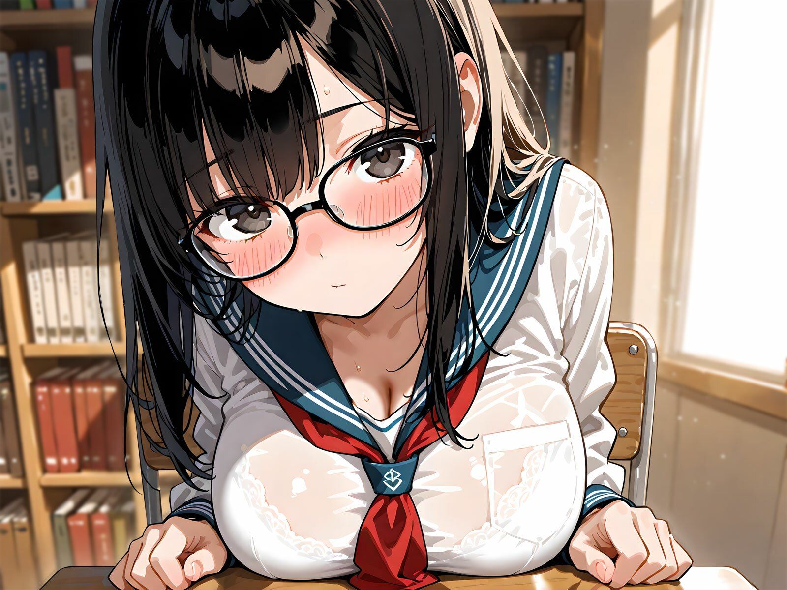 おとなしめな巨乳図書委員の後輩に勉強を教えていたら…谷間に興奮して勃起バレ→密着囁きでお礼の中出しえっち - サンプル画像 4