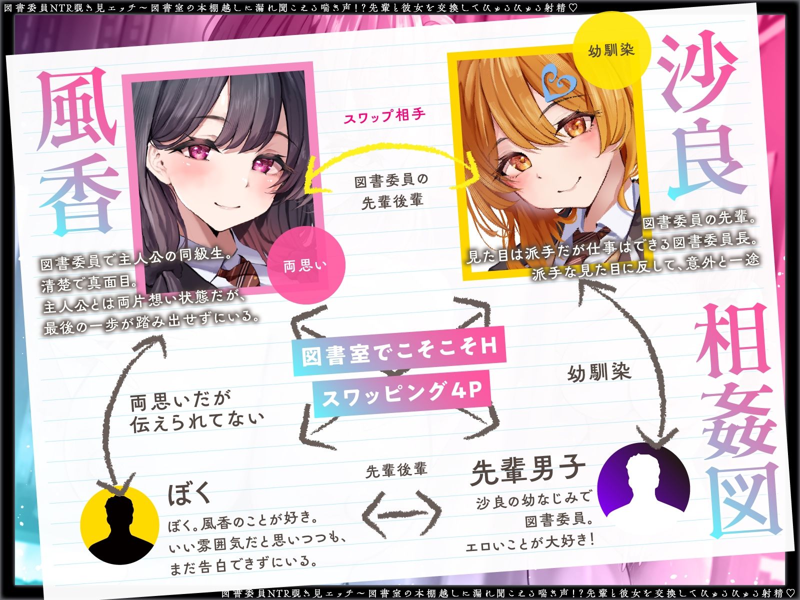 【寝取られ×無声囁き】図書委員NTR覗き見エッチ〜図書室の本棚越しに漏れ聞こえる喘ぎ声！？先輩と彼女を交換してびゅるびゅる射精（はーと）【スワッピング】 - サンプル画像 3